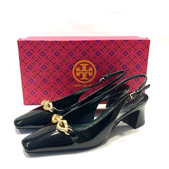 Tory Burch JESSA SLINGBACK HEEL in Perfect Black Patent Leather 8 NWT $378 - Picture 9 of 16
